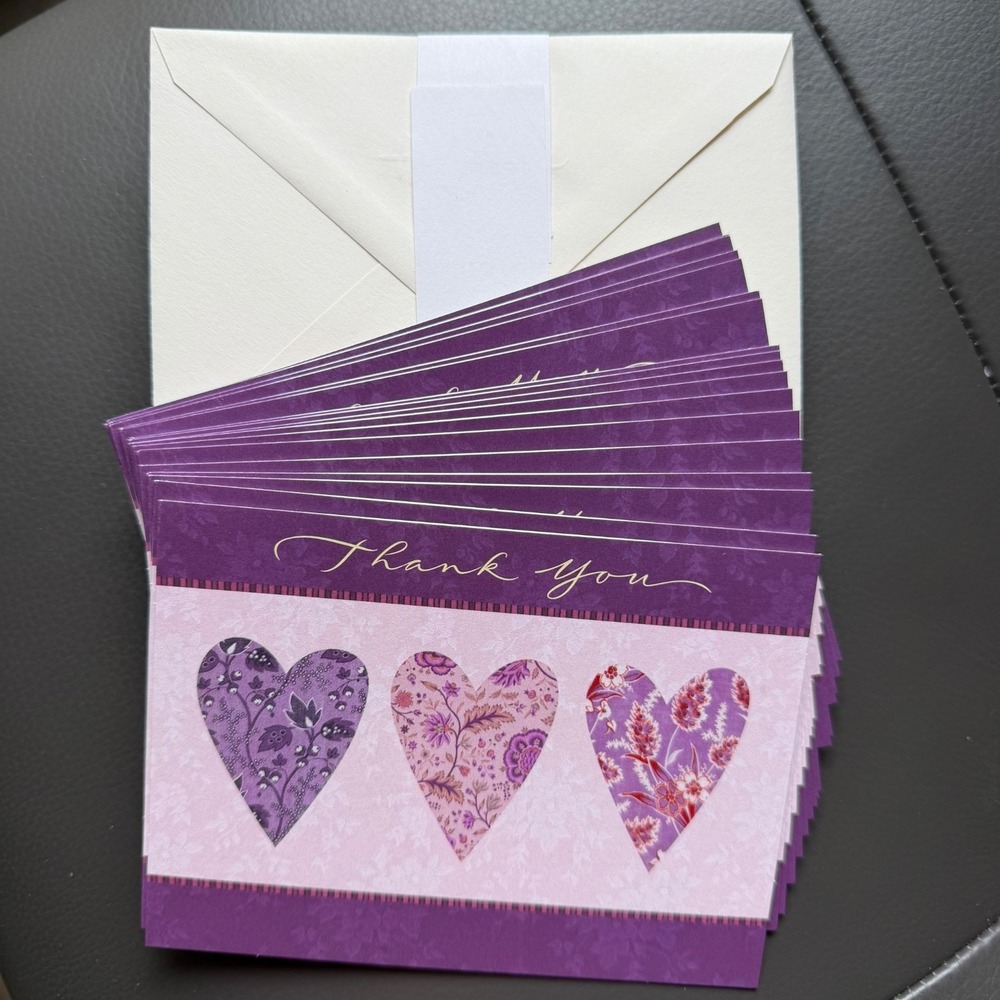 Vtg Hallmark Purple Hearts Thank You Cards 18 Bifold 17 Envelopes Made in USA